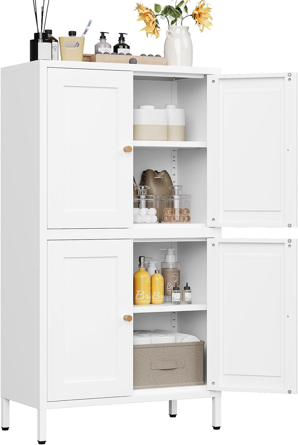 White 4-Door Narrow Pantry Cabinet with 2 Adjustable Shelves  