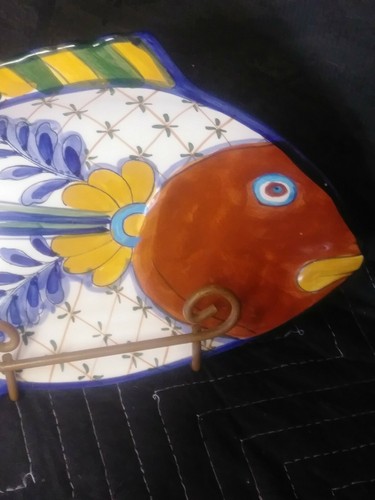 Terra Bella Hand Painted Colorful Fish Shaped Bowl/Dish 13.5" By 7" Blue White - Picture 3 of 7