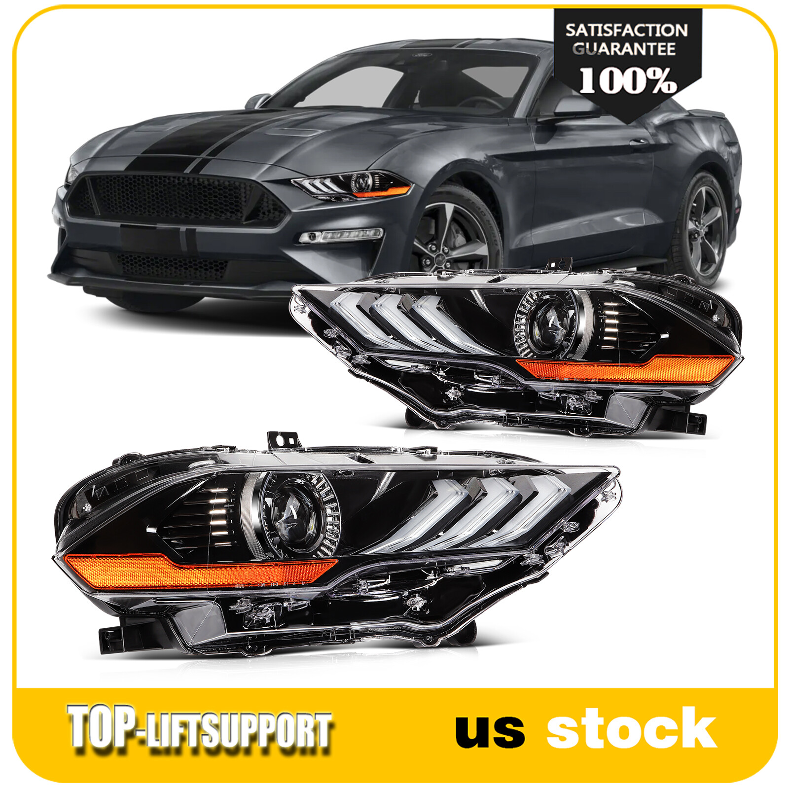 2Pcs Pair [LED DRL Type] Headlights For 2018-2020 Ford Mustang w/Projector LH+RH