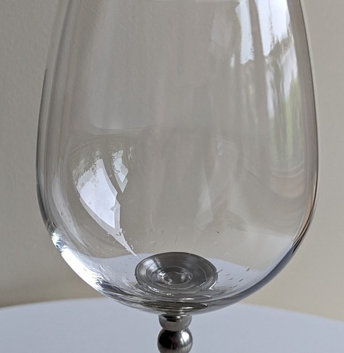 CRYSTAL HAND BLOWN WINE GLASS GOBLET WITH 95 PEWTER BEADED STEM, 9 ¾” HEIGHT - Picture 6 of 10