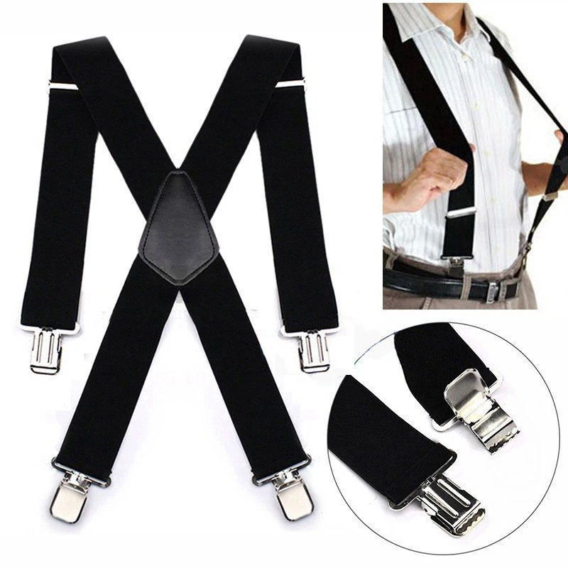 Mens Braces Suspenders Black X-shape Heavy Duty Biker Snowboard Trousers Wide 2" - Image 4 of 4