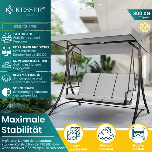 KESSER® Hollywoodschaukel Gartenschaukel mit Sonnendach 3er Schaukelbank 300kg - Bild 3 von 41