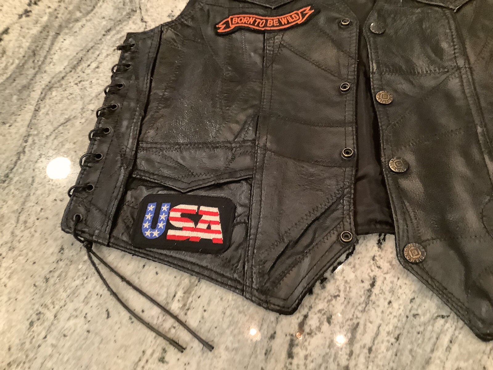 Black Leather Patchwork Biker Motorcycle Vest 8 P… - image 10