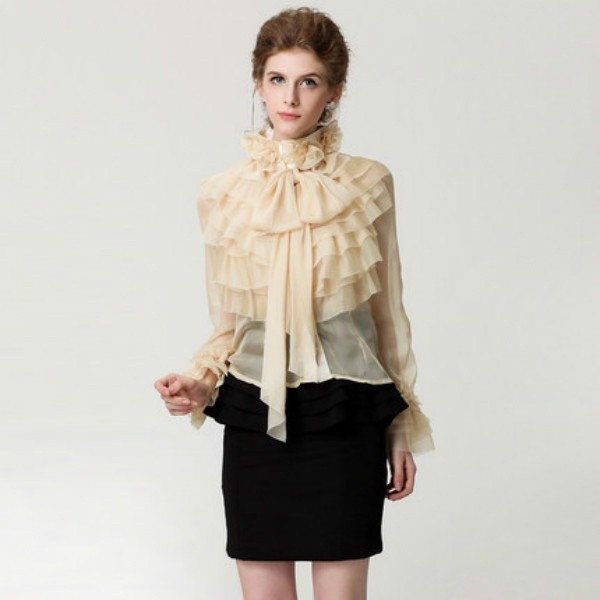 Ladies Sheer Transparent Lotus Ruffle Collared Shirt Vintage