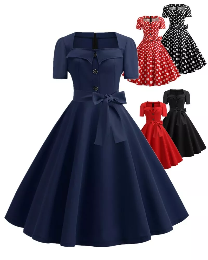 Women Vintage 1950s Polka Dot Swing Evening Party Dress ALine Midi Cocktail  Prom