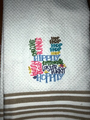 Embroidered Striped Kitchen Hand Towel Happy Easter Bunny Word Block BS2742
