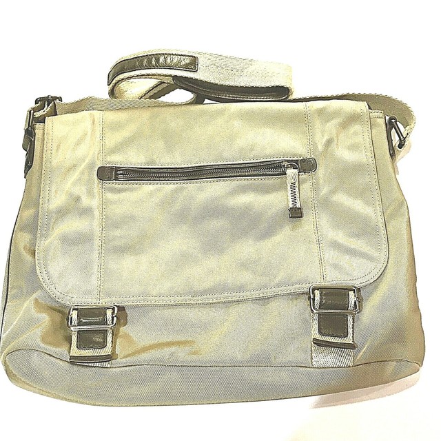Banana Republic Mens Canvas With Leather Trim Messenger Bag Satchel Tan