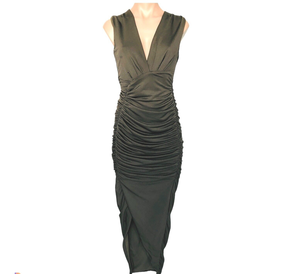 SHEIKE Ruched Bodycon Maxi Dress Size AU 10 Olive Green V-Neck Sleeveless
