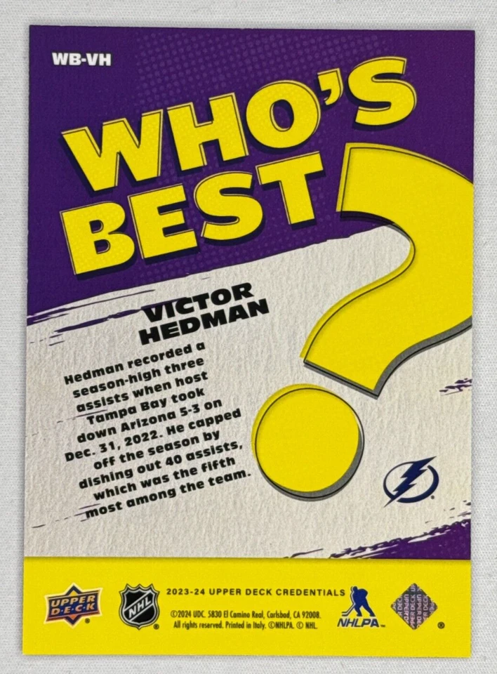 2023-24 UD Credentials Victor Hedman Who's Best #WB-VH Tampa Bay Lightning - Image 2 of 2