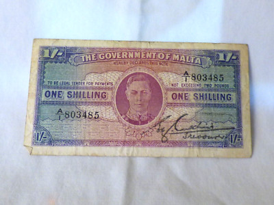 1940-43 Banknote George VI MALTA One Shilling P-16 Currency Prefix A/1