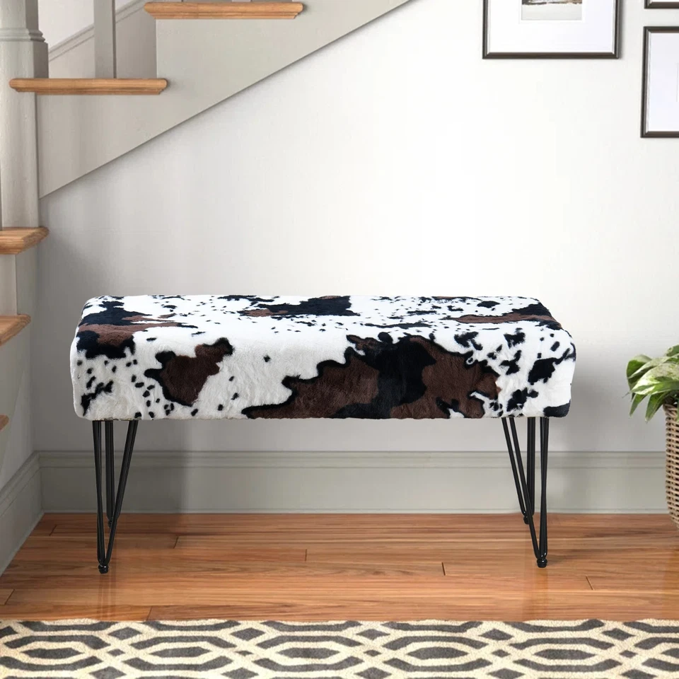 HOME SOFT THINGS Cow Print Vanity Stool Chair Soft Faux Fur Chair Makeup Stool with 4 Metal Legs