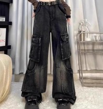 Men's Black Denim Cotton Jeans Straight Leg Pockets Pants Punk Hip Hop Trousers