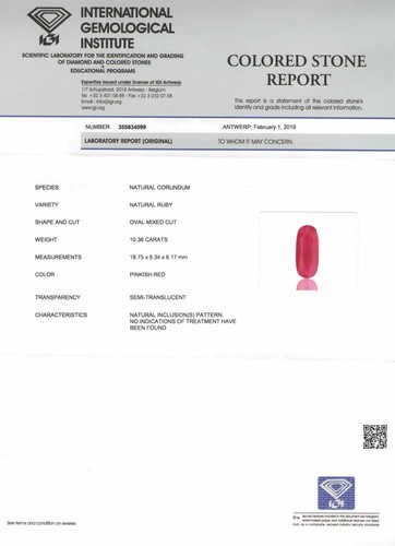 IGI Certified GUINEA Ruby 10.36 Cts Natural Untreated Pinkish Red Oval - Picture 2 of 4