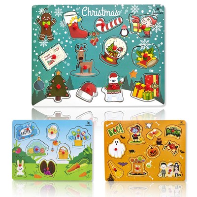 Christmas Halloween Easter Set Of 3 Wooden Peg Puzzles ...