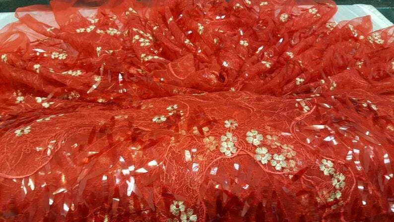 3d Sequin Lace Red Embroidered floral gold flowers long Red Sequin on mesh By Yd - Image 2 of 4