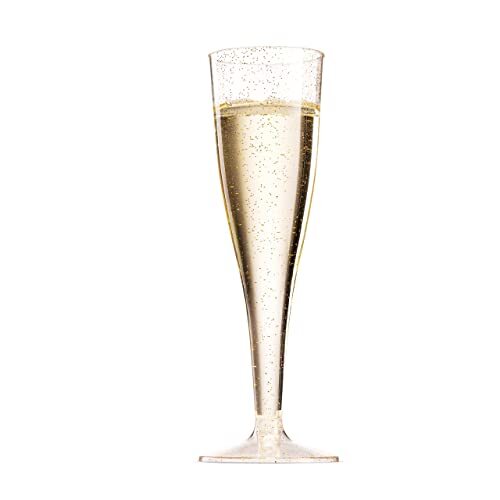 100 Pack Gold Glitter Plastic Champagne Flutes 5 Oz Clear Plastic Toasting - Picture 8 of 10