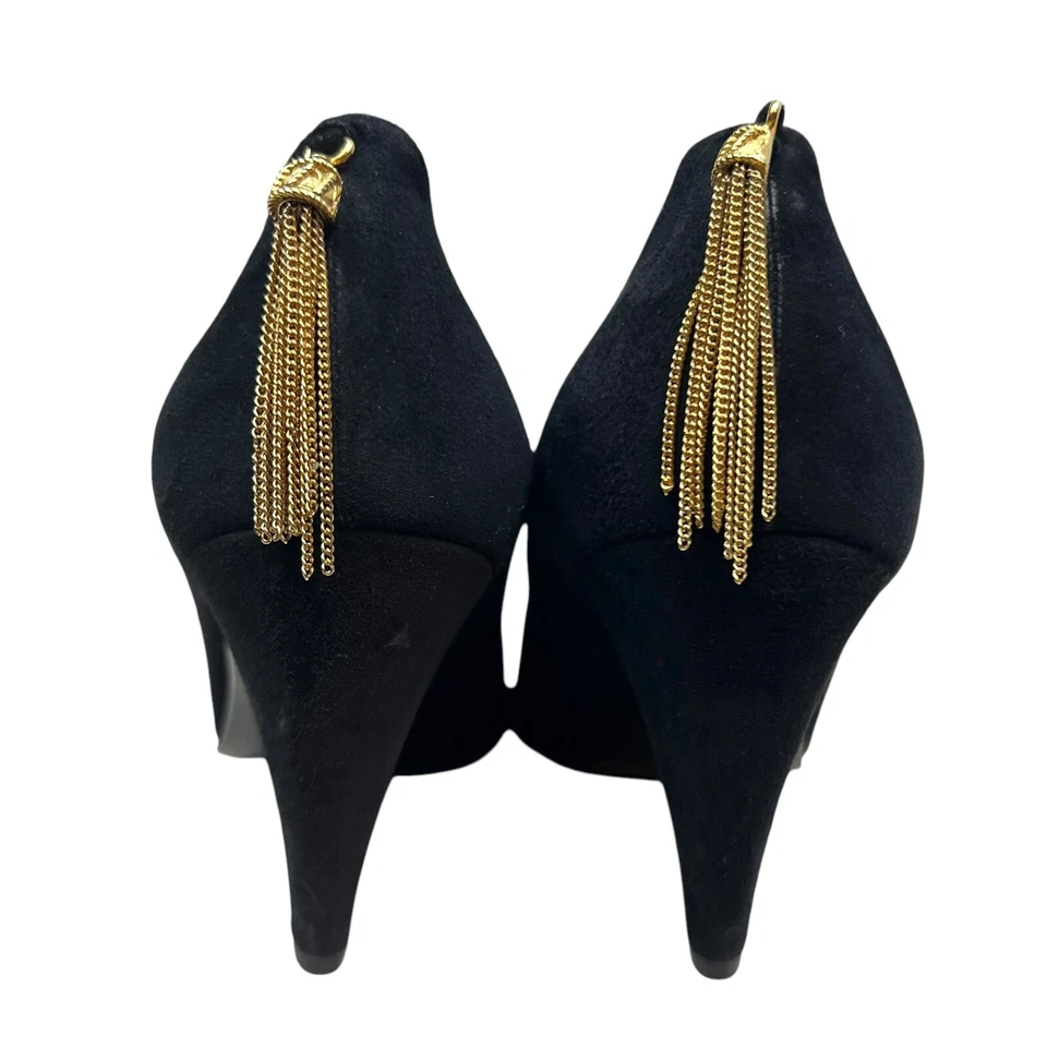 Pollini 女式高跟鞋麂皮绒金色流苏尖头黑色 36.5 意大利制造 — 第 2/4 张图片