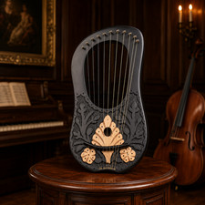 Black Wooden 10 String Lyre Harp Gold Flower Design with Bag  Tuning Key
