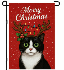 Christmas Garden Flag 12X18 Inch Tuxedo Cat Holiday Yard Flag with Reindeer Antl