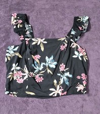 Torrid Challis Smocked Crop Top Black Ruffle Trim Floral Lined Strech Sz 0 Plus