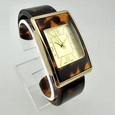 Tortoise Shell 6" Cuff Bracelet Watch Gold Tone Rectangular Face, New Battery