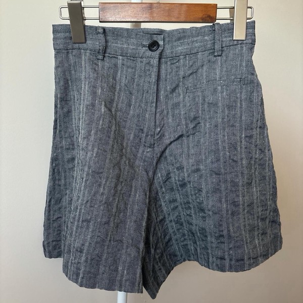 Women's Grey Striped Chino Linen Shorts Flat Front Button 