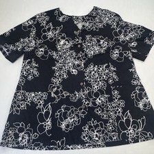 Sunshine Women's Size XL Scrub Top Black Floral Aloha Pattern Used