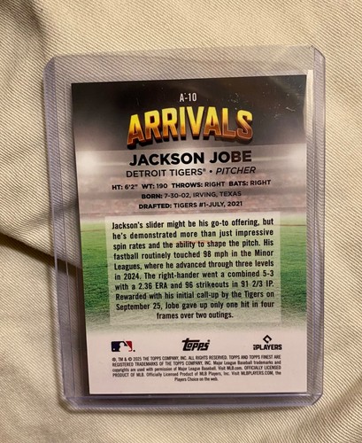 2025 Topps Finest Arrivals Jackson Jobe Gold Refractor /50๐ฅ Tigers - Picture 2 of 2