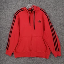 Adidas Hoodie Mens L Large Red Full Zip Sweatshirt Fleece 3 Stripe Drawstring