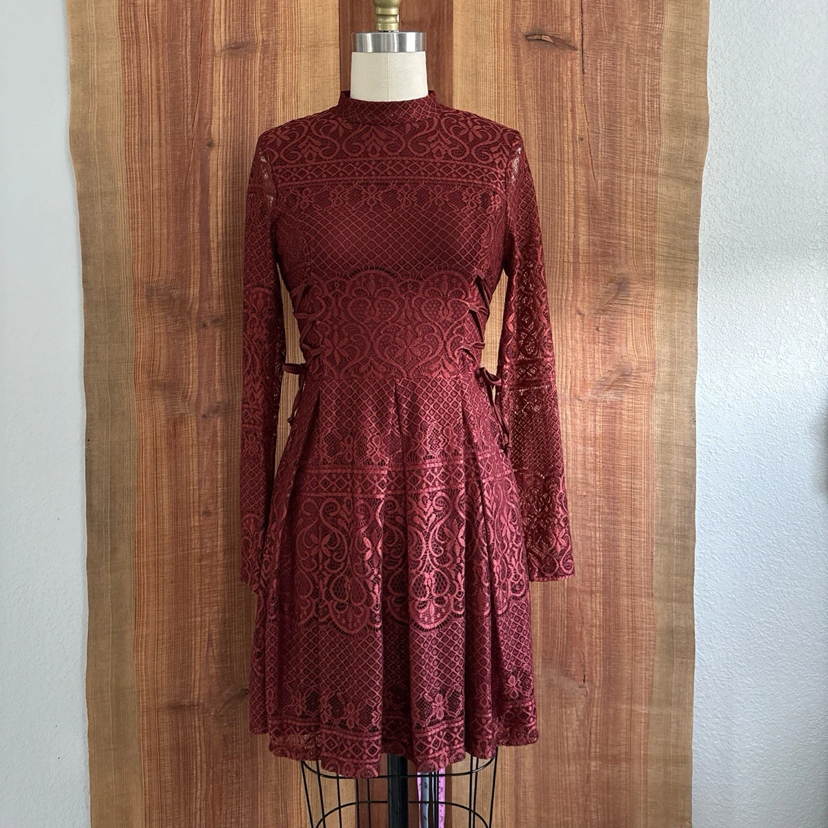 charlotte russe burgundy lace dress CHARLOTTE RUSSE Burgundy Lace Overlay Dress Women's Long Sleeve S Small NWT