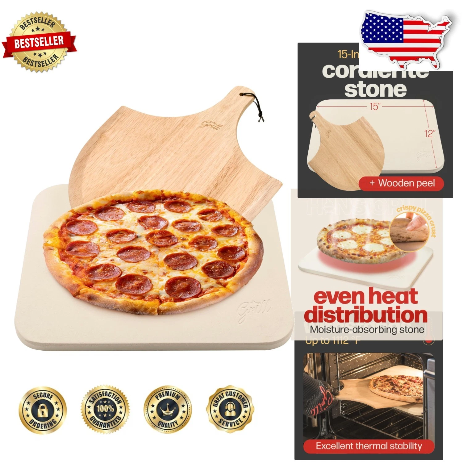 Durable Rectangular Pizza Stone 15x12" Oven Grill Baking w/ Wooden Peel