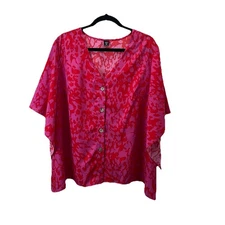 Shein Curve Pink Animal Print Bat Wing Sleeves Button Up Top Blouse Womens 2XL