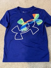 Under Armour Boys Size 5 Blue Logo Athletic T Shirt Youth 5 Loose Fit