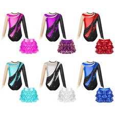 Kids Girls Figure Skating Set See-through Leotard With Skirted Shorts Shiny