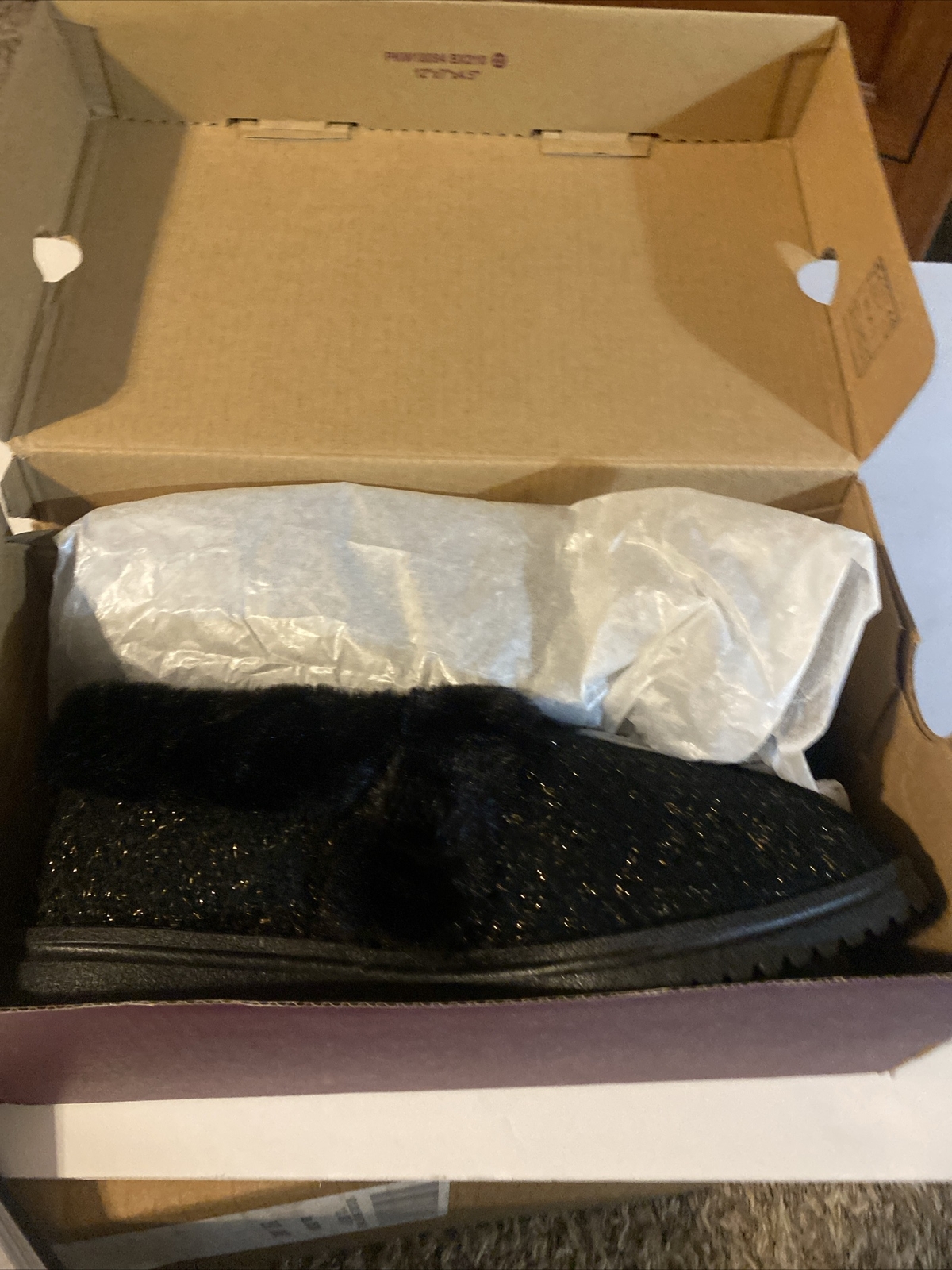 PANTOFOLA D’ORO Pantofole scarpe Skechers donna taglia 8 larghe nere con maglia scintillante oro comode leggere