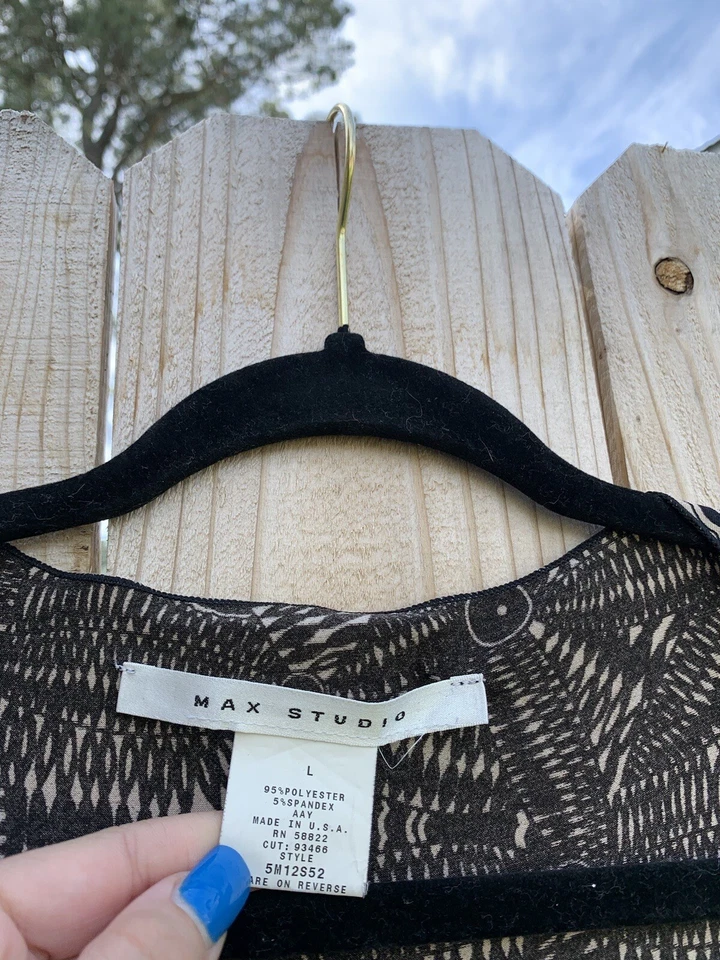 Vestido Max Studio Talla Grande Negro y Tostado Envolvente Mangas Cortas Geométrico Otoño Causal Foto 3 de 4