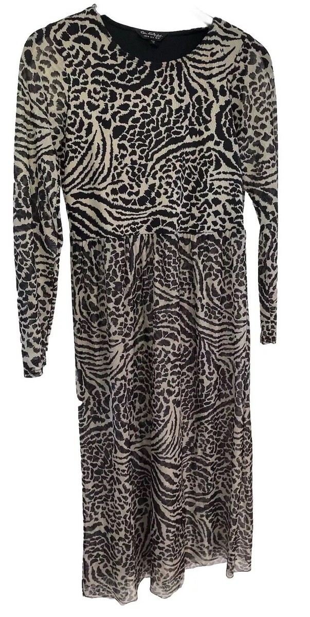 Miss Selfridge Leopard Print Mesh Long Sleeve Maxi Dress Size 10