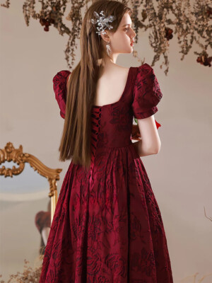 Burgundy Satin Floor Length Prom Dress, A-Line Short Sleeve Evening Party Dress US 12 / Burgundy