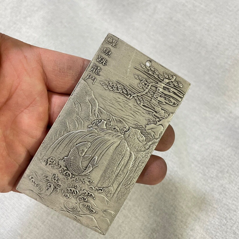 Old Chinese Tibet Silver carving Carp Jumping Dragon Pendant waist tag