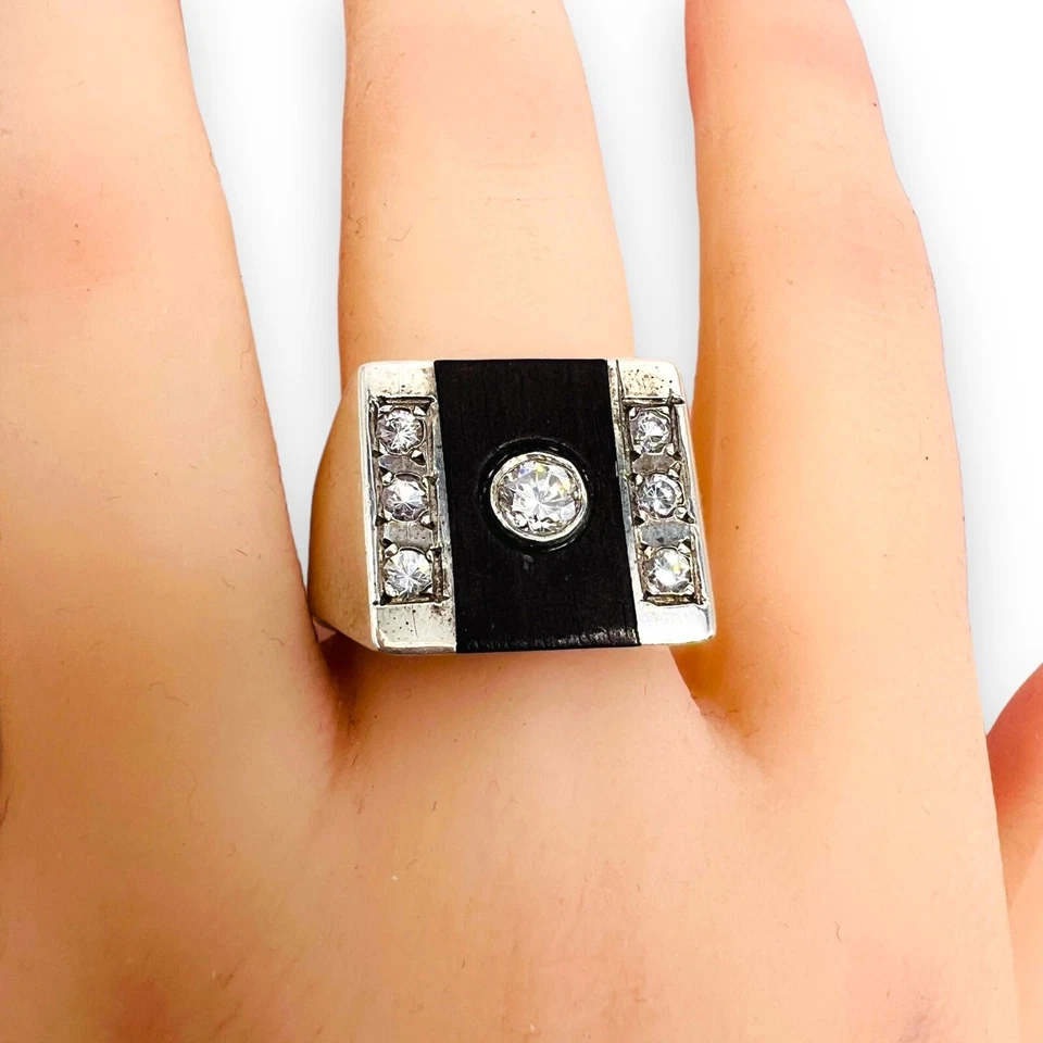 Anillo de sello de plata de ley 925 de madera y piedra blanca para hombre talla 10 Foto 4 de 4