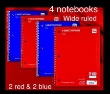 4pk Pen + gear 1 Subject Spiral Notebook, Wide Ruled 10.5”x8”, (2 Red+2 Blue )