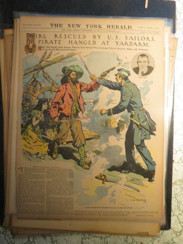 War Art History Newspaper 1910 GIRL RESCUED BY U.S.SAILORS PIRATE HANGED YARDARM