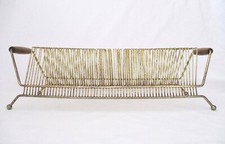 Vtg MCM Atomic 45 Records Rack Holder Brass Tone Wood Handles Ball Feet Holds 60