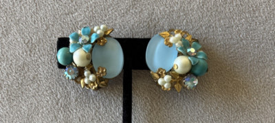 Vintage Miriam Haskell Gold Tone Filigree Rhinestone Turquoise Pearl Earrings