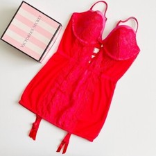 Vintage Victoria s Secret 36D red bling studded lace teddy with garters