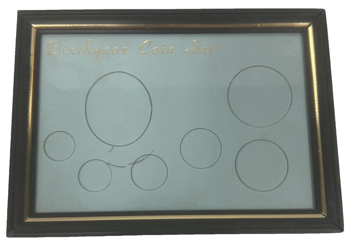 オーダー続き Birthyear Coin Set Blue Holder Faux Wooden Frame Glassed New