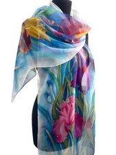 Hand Painted Silk Scarf Irises Garden Flowers Silk Scarf Luxurious Silk Chiffon.