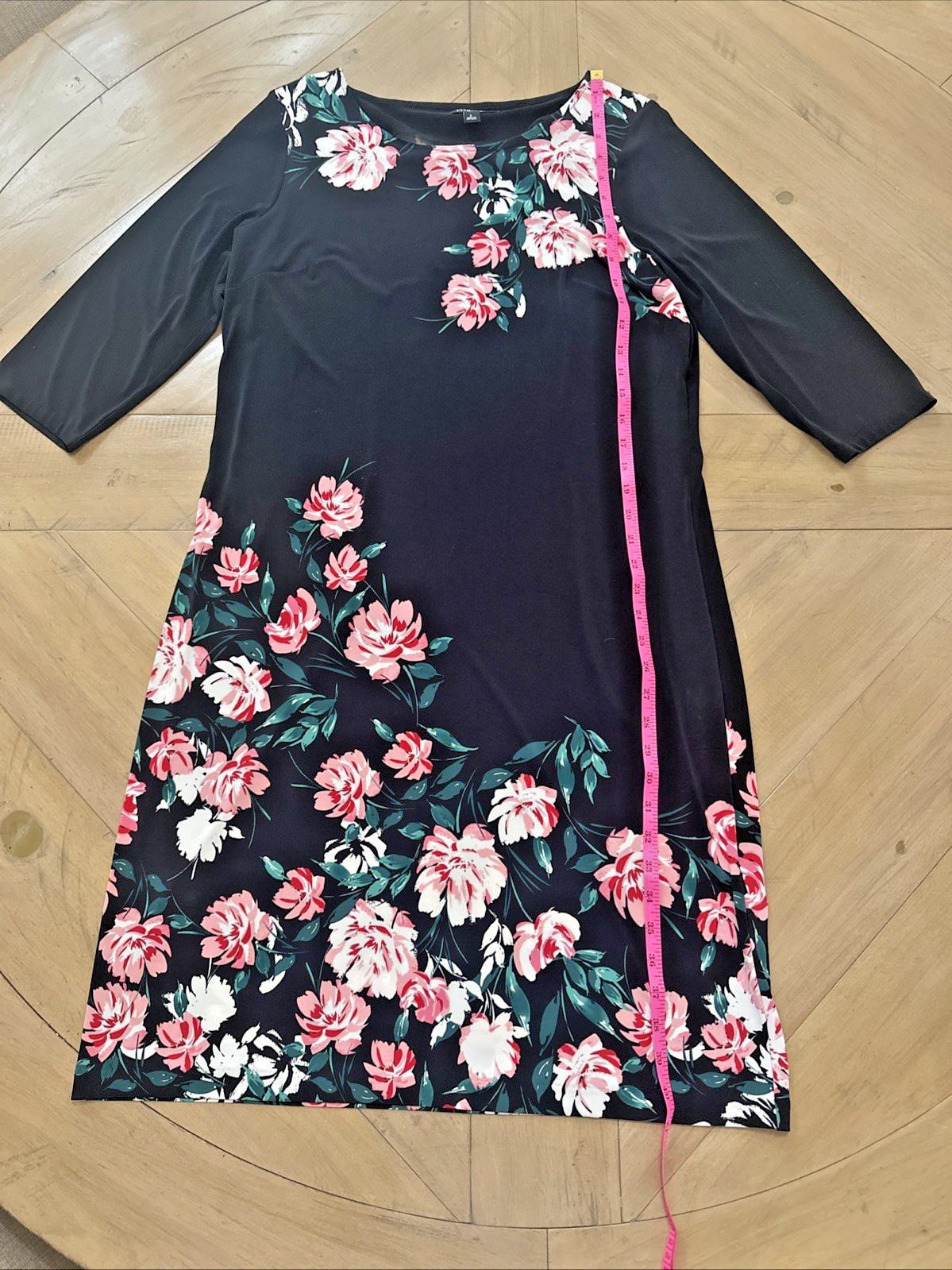 Roz & Ali Womens Midi Black Floral Dress 3/4 sleeve Size Large