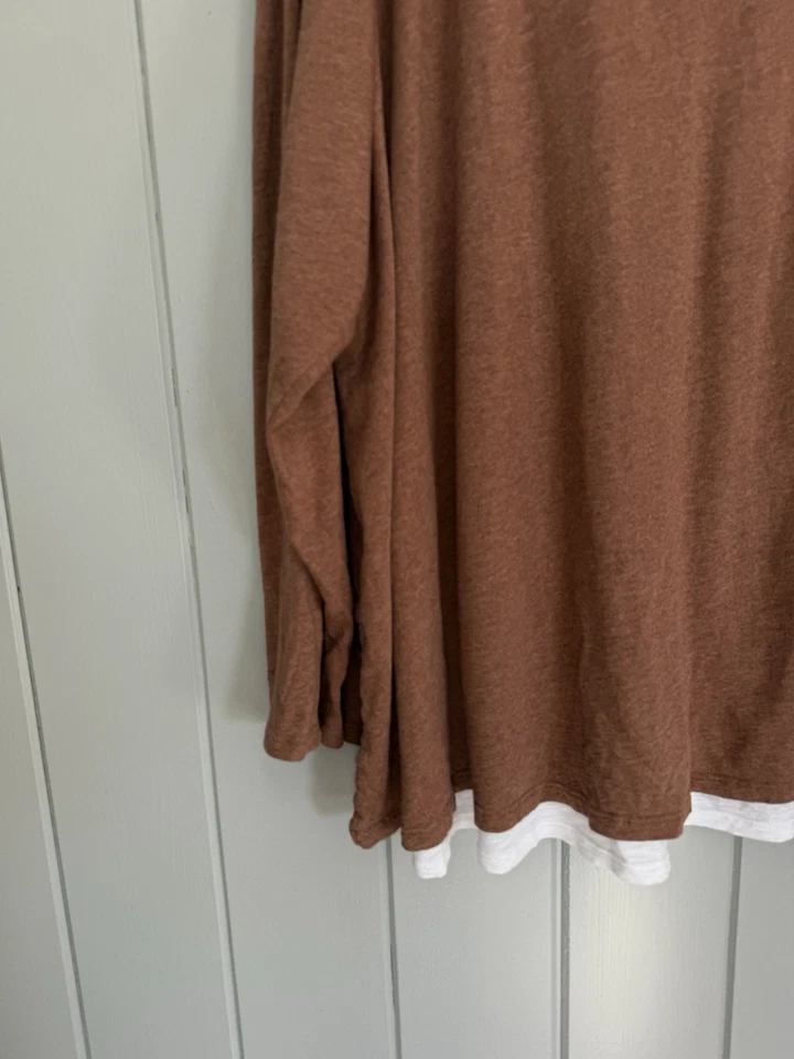 Top túnica J. Jill 4X doble capa marrón blanco cuello redondo algodón tencel Foto 3 de 4