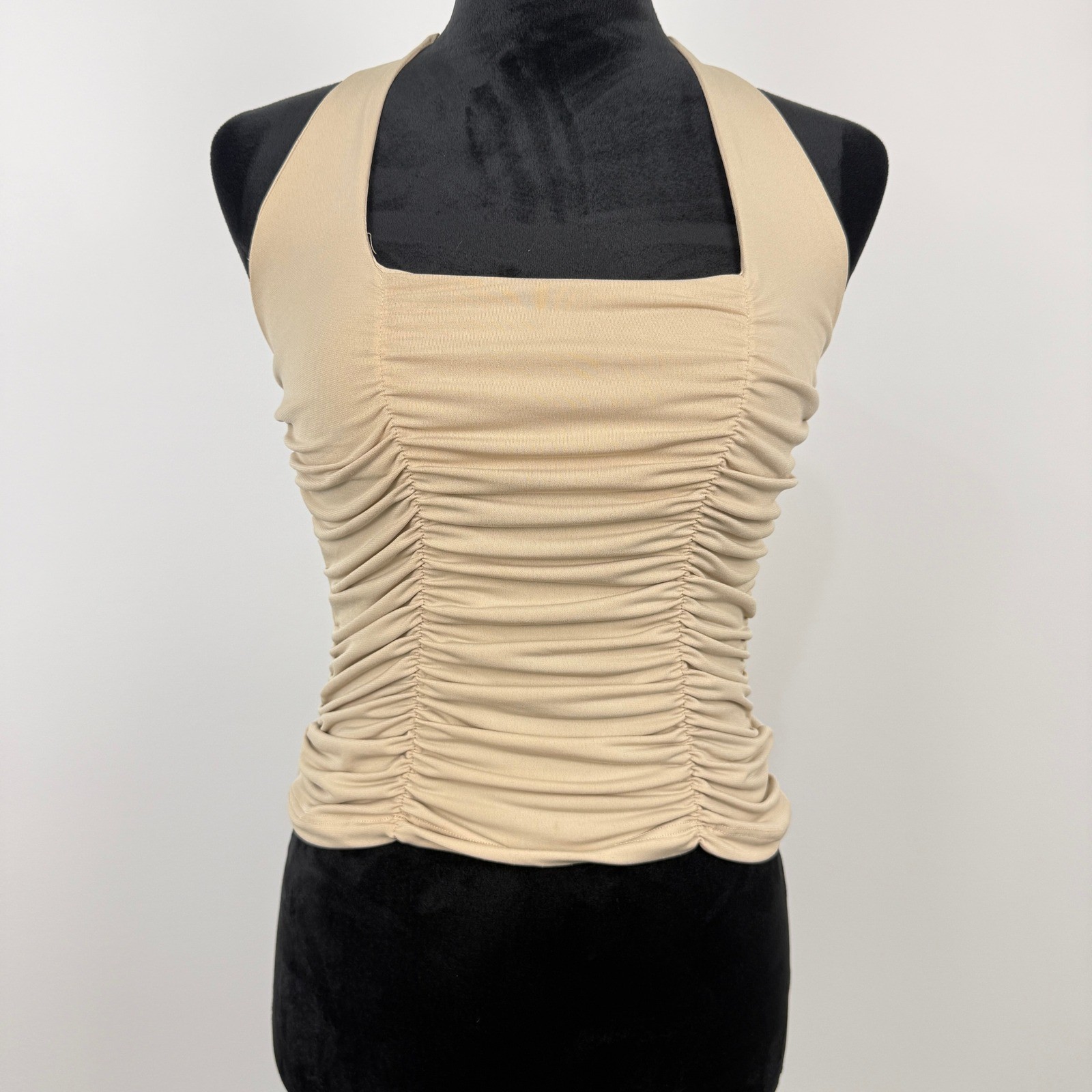 Vintage Y2K Body Central Halter Crop Top Womens Size S Tan Ruched Boho Festival